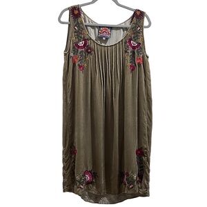 Johnny Was Beige Velvet Pintuck Short  Dress Emilia Floral Embroidered X-Small